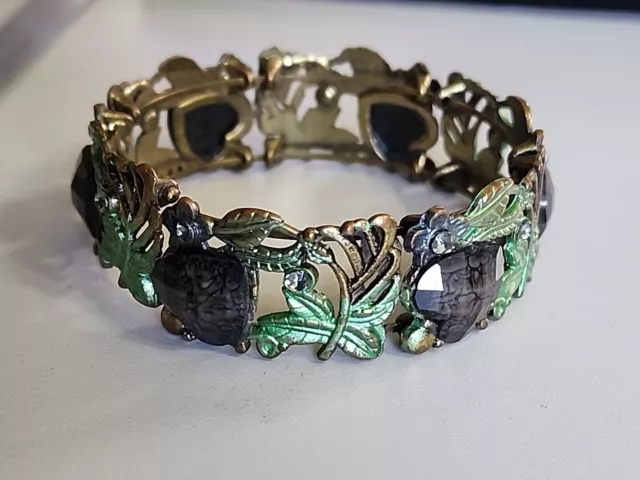 Beautiful Hinged Metalwork Bracelet Green Leaves & Vine Design w/ Heart Beads