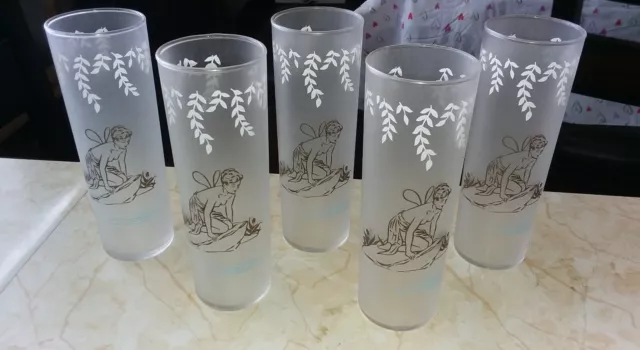 MCM Libbey White Rock Nymph Fairy Tom Collins Glasses  Set of Five - 7" Frosted