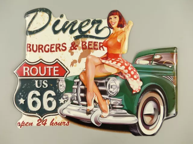 Shabby Blechschild Eisen Motor Gas Eisen Route 66 Burger  Beer H.49x38cm  NEU