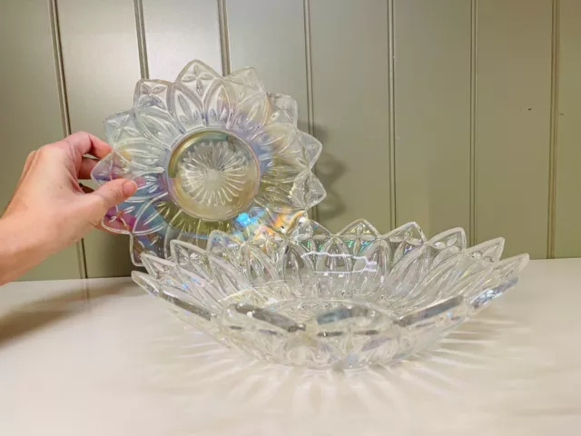 Vintage set 2 clear iridescent carnival glass Bowls Starburst Celestial Pressed