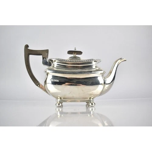 George V Silver Teapot by Walker and Hall with Reeded Trim Raised on Four Ball F