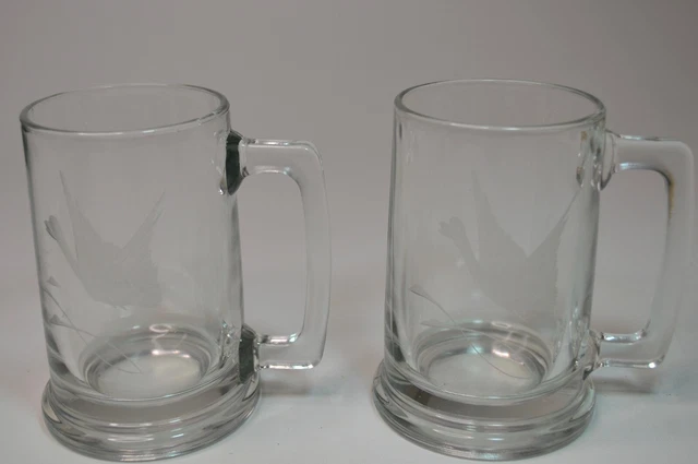 Lot of 2 Glass Beer Mugs Etched Duck