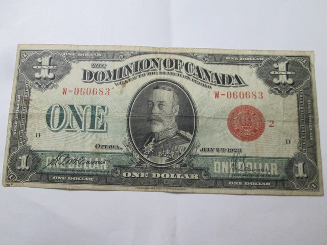 1923 Dominion Of Canada 1 Dollar Red Seal Signed Large Size Note Fine
