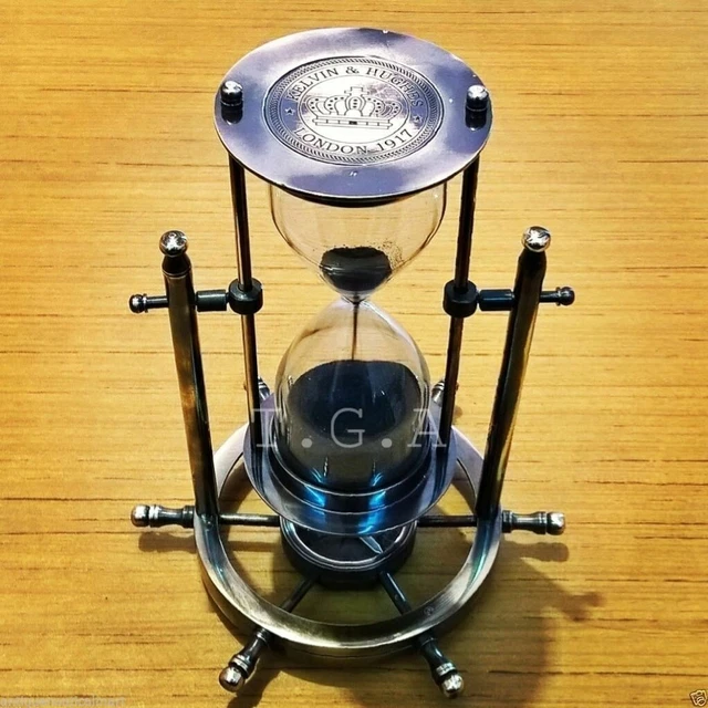 Antique Maritime Brass Sand Timer Glass Hourglass Wheel Compass Base Table Item