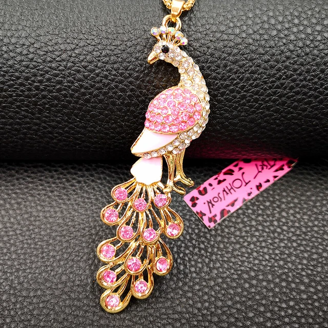 Betsey Johnson Pink Enamel Crystal Rhinestone Peacock Pendant Necklace Chain