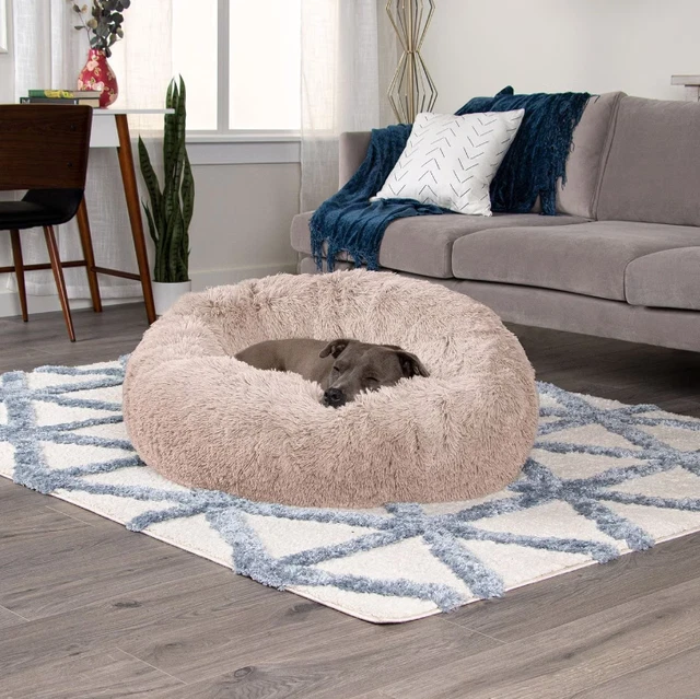 Calming Cuddler Long Fur Donut Bolster Dog Bed Taupe Large
