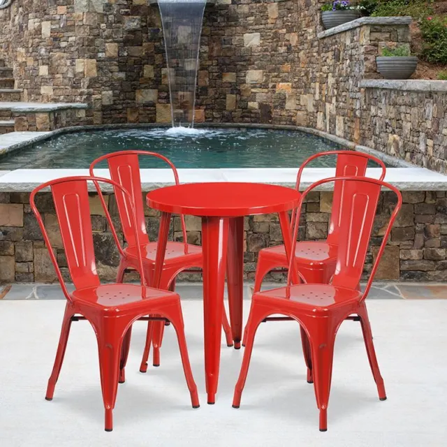 DurCommercial Grade 24" Round Red Metal Indoor/Outdoor Table Set w/4 Cafe Chairs