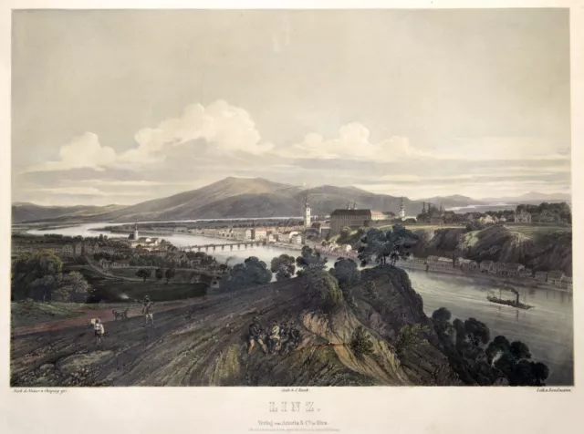 Linz Donau Gesamtansicht Original kolorierte Lithografie Sandmann 1850