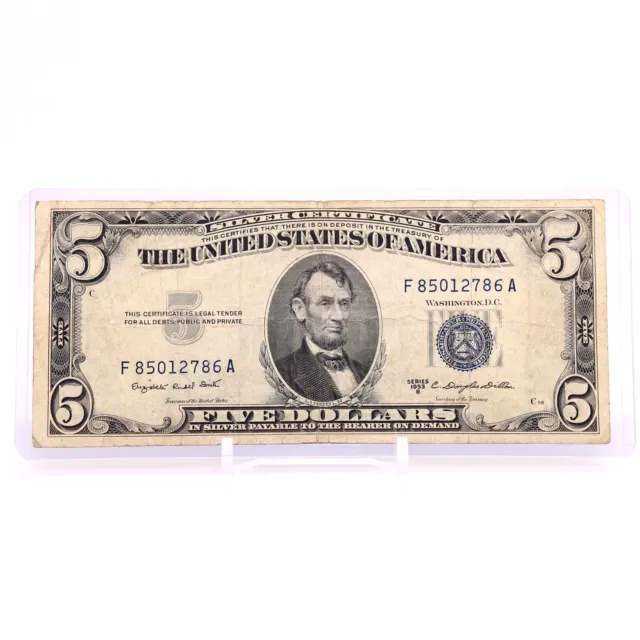 1953B $5 Five Dollar US Silver Certificate VINTAGE BLUE SEAL F1657 Smith Dillon