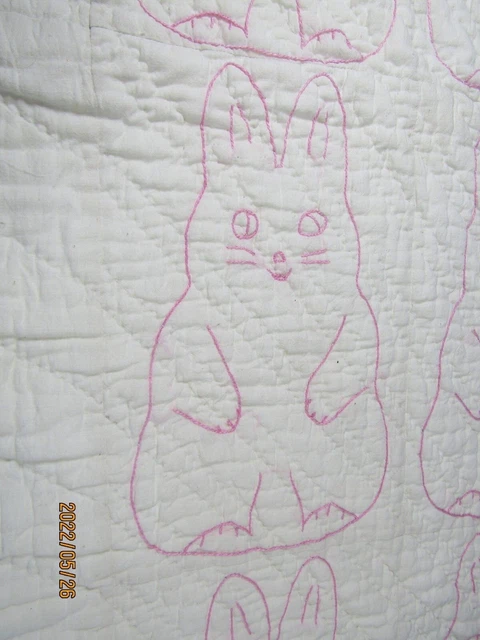 Vtg Handmade Baby Quilt  Blanket Bunnys in Pink Embroidery with Blue Binding  A7