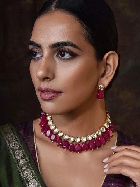 Parure De Bijoux Indienne Bollywood - Collier Ras Du Cou, Boucles D'oreilles Et Tikka - Kundan Plaqué Or - Neuf Sans Emballage
