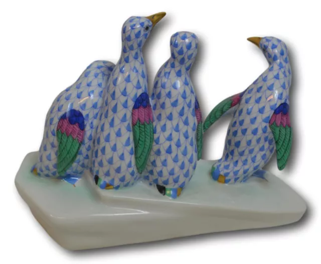 Herend Penguins On Ice Porcelain Figurine - Blue Fishnet #5175 - Mint 3