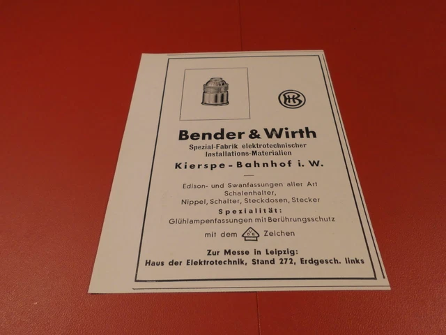 Bender & Wirth Kierspe - Bahnhof, Instalations - Materialien.:Werbeanzeige 1934