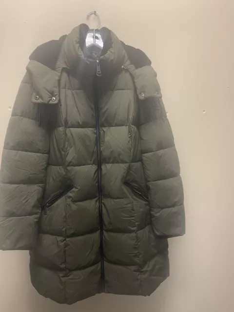 DKNY Women’s Faux-Fur-Trim Hooded Puffer Coat Green Plus Size XXL.