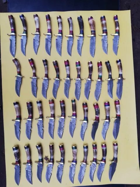LOT OF 20, 6" Handmade Damascus Steel Skinner Knives In Stag Horn Handle/Sheaths