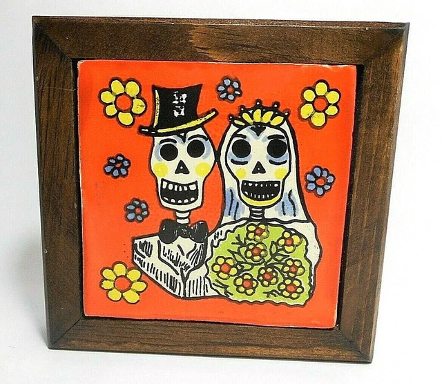 Bride & Groom Skeleton Mexico Pottery Tile Framed Couple Romantic Orange Flowers