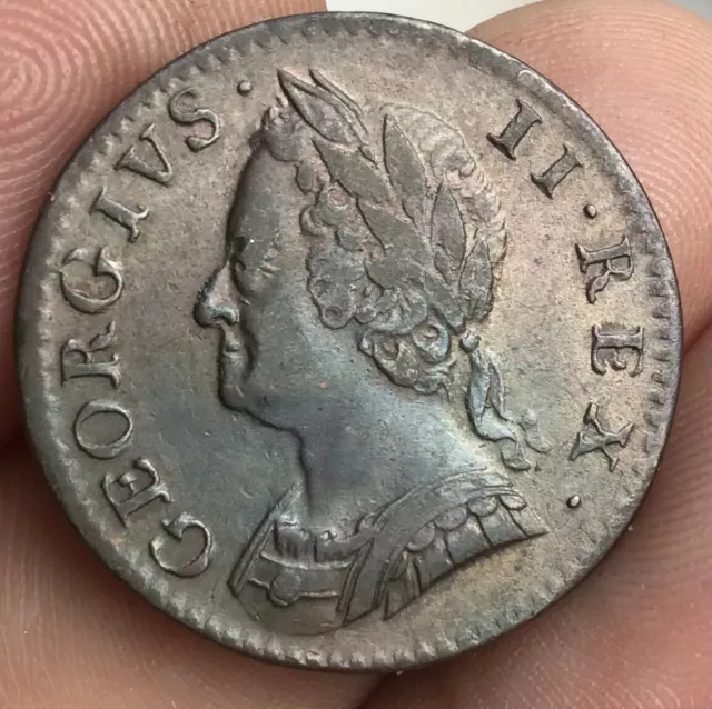 1754 British King George II Farthing 1/4d Coin Beautiful Toning SEE VIDEO! #2547