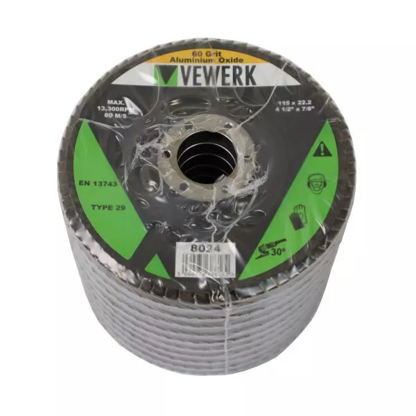 VEWERK Pack of 10 Flap Discs 60 Grit Oxide (115mm X 22.2mm) Flat Wheel Sanding