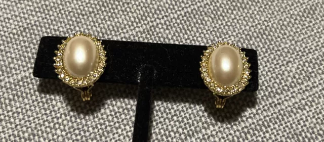 Vintage Monet Faux Pearl  Rhinestone Signed Gold Tone Clip On Earrings