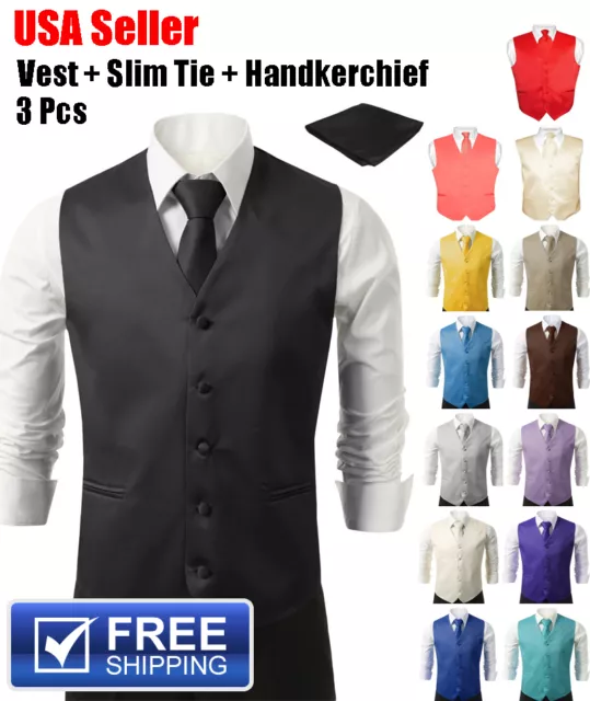 SET Vest Tie Hankie Fashion Men's Formal Dress Suit Slim Tuxedo Waistcoat Coat