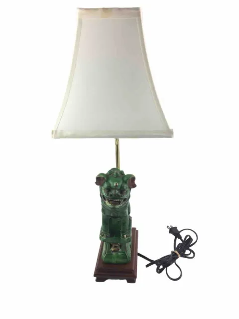 Vintage Chinese Porcelain Foo Dog Green Statue Brass Mounted Table Lamp 21"