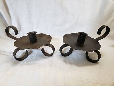 2 Wrought Iron Candle Holder Black Gothic 3 Metal Leg Handle Scroll Scallop Lot