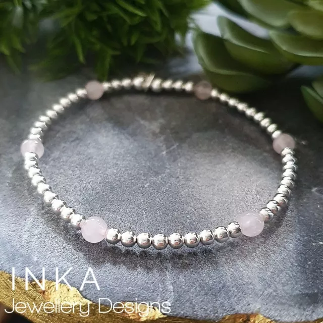 Inka 925 Sterling Silver  4mm Rose Quartz bead Stacking Bracelet with Inka charm
