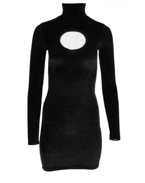 Vetements Womens Cut Out Mini Dress Small Black Stretch Velvet Mock Neck Demna