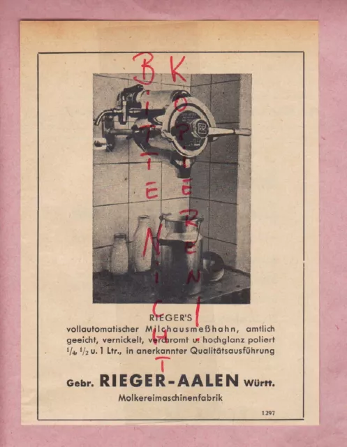 AALEN, Werbung 1950, Gebrüder Rieger Molkerei-Maschinen-Fabrik Milchausmeßhahn