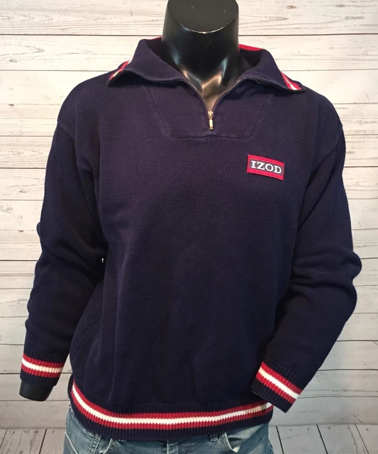 Vintage Izod Mens Sweater Pullover 1/2 Zip Blue Red White Logo L Large