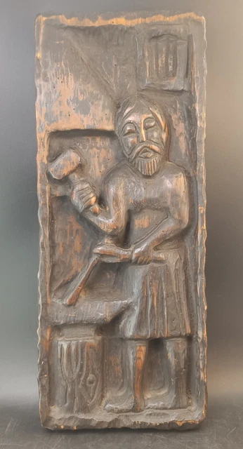 Vintage Carved Wood Relief Wall Hanging Panel Blacksmith Spain Primitive