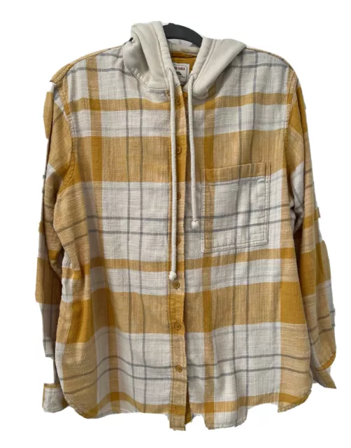 American Eagle Outfitters Hooded Shacket Lightweight Jacket Medium Plaid Yellow