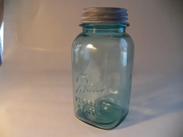 Vintage Square Ball Perfect Mason Jar Quart with Lid Blue Glass