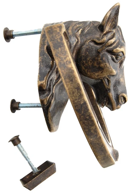Heurtoir de porte / Marteau d'entrée de maison en laiton - Tête de cheval et fer 3