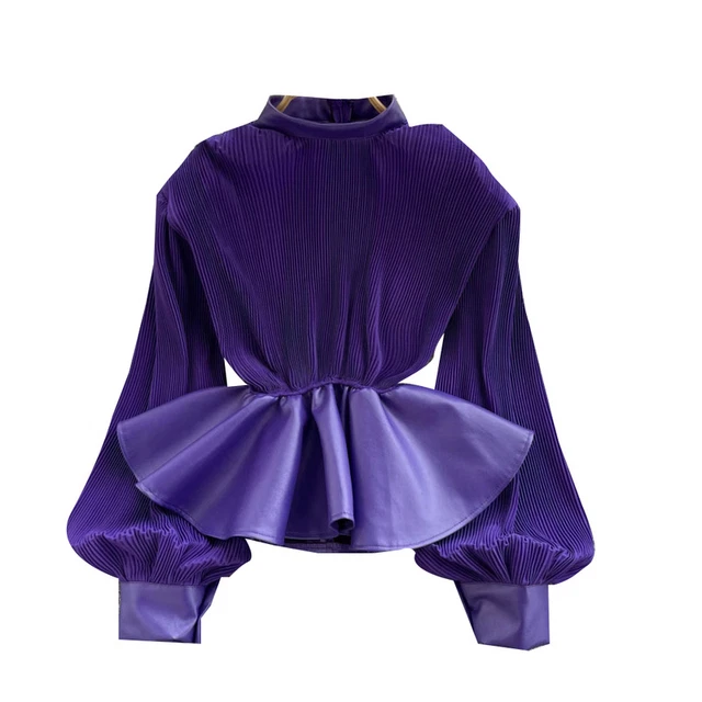 Femme Péplum Simili Cuir Épissure Chemise Plissé Volant Chemisier Tunique
