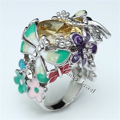 Gorgeous Flower Butterfly Dragonfly CZ Rhinestone Crystal Cocktail Ring 8