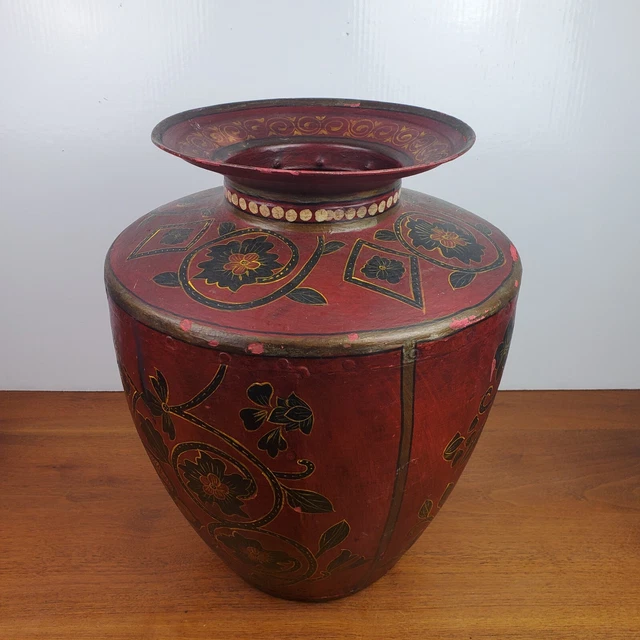 Antique LG 17.5" x 14" Hammered Metal Riveted Water Pot Vase Hand Painted