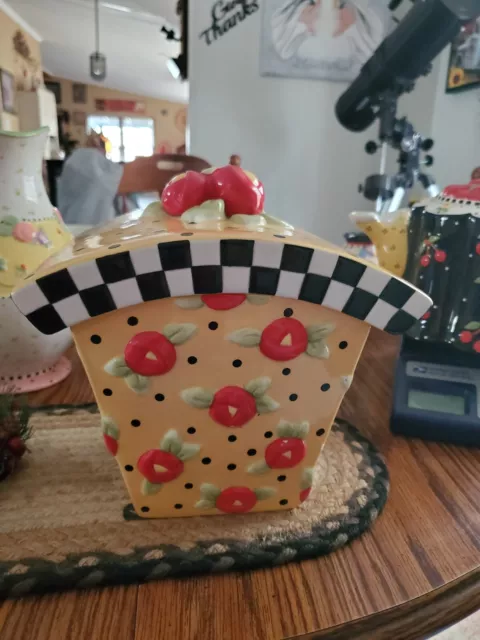 VTG RET. Mary Engelbreit Canister/Cookie Jar Yellow W/Blk Polka Dots Red Flowers