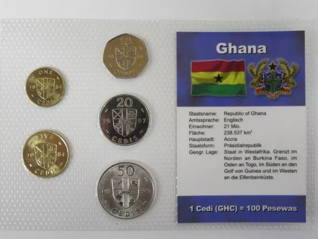 Ghana KMS - 5 Münzen 1, 5, 10, 20, 50 Cedis 1984-1999 - UNC