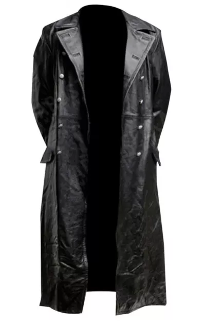 Men's Classic Officer Military Black Leather Long German Trench Coat