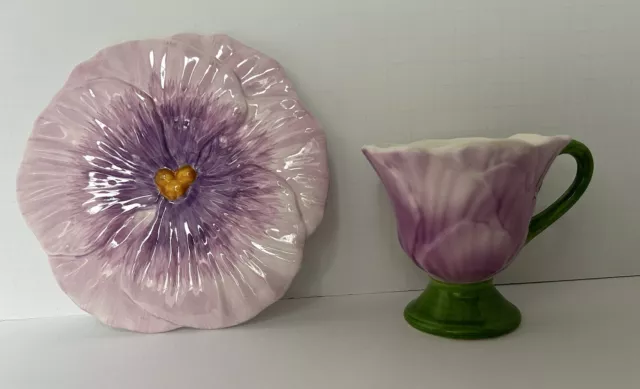 Taza de té y platillo de cerámica flor de amapola regalo de Teleflora púrpura verde excelente en excelente condición