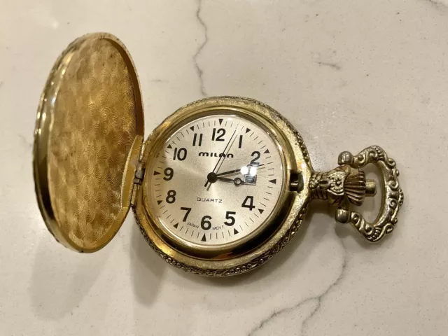 MILAN QUARTZ JAPAN Movt Pocket Watch Gold Tone Ornate Case. Works. New Battery 10.00 PicClick