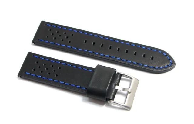 Cinturino per orologio in vera pelle nero cuciture blu rally racing fori 20mm