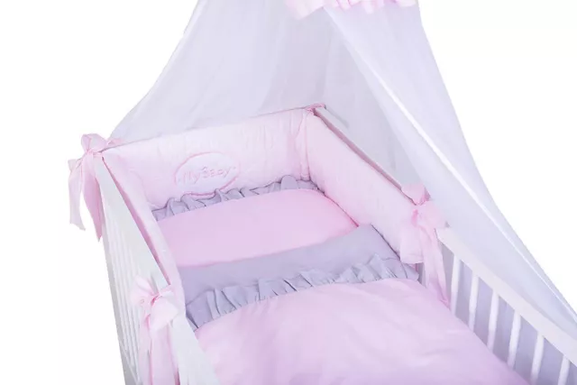 Babybett T1 mit 11-tlg Komplett-Set Bettwäsche Matratze Nestchen rosa grau Neu 3