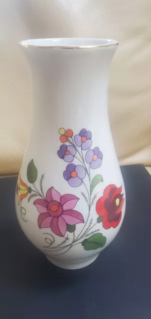 Kalocsa Hand Painted Porcelain Vase from Hungary Floral Gold Trim 7.5" Tall