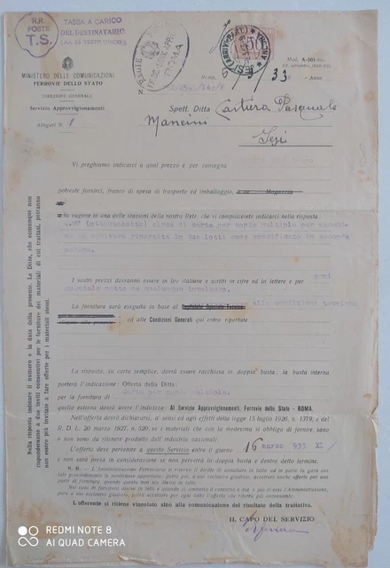 Jesi (Ancona) 1933 Cartiera P. Mancini - Splendido Raro Documento Ferrovie Stato