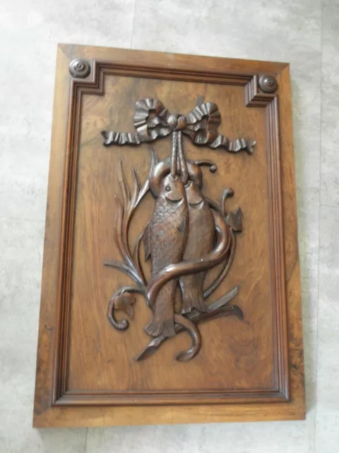 antique wall panel WOOD Hand Carved trophy  fishing fish BLACK FOREST Frame old