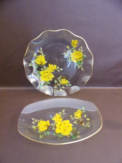 Vintage Set Of Two Clear Glass Plates With Yellow Roses Gold Trim (Imperfect)