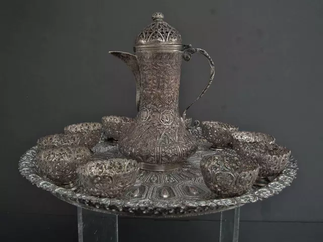 Superb Antique Turkish Ottoman Islamic Silver-Plated Copper Coffee Set 12 pieces