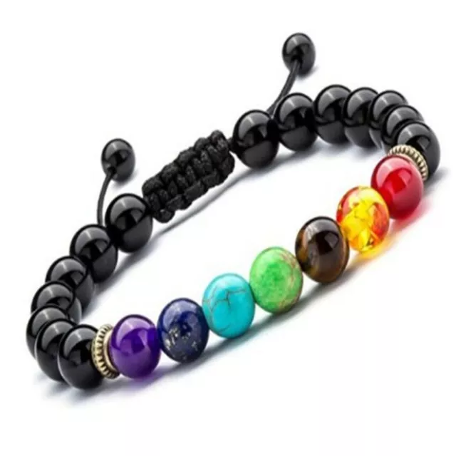 8mm Obsidian 7 Chakra Gemstone Mala Bracelet Reiki Healing Buddhism Spirituality
